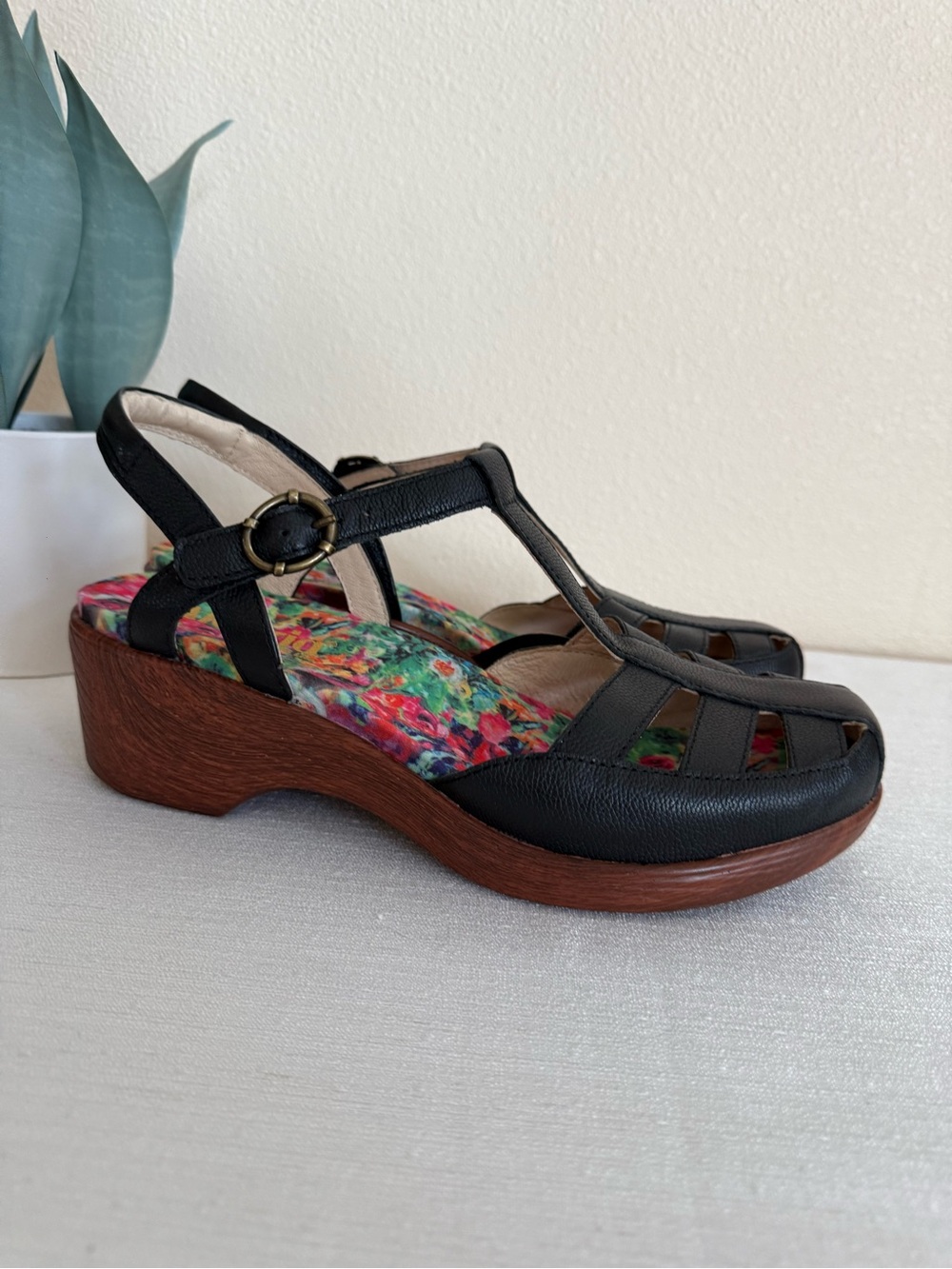 New Alegria Black T-Strap Leather Wedge Sandals